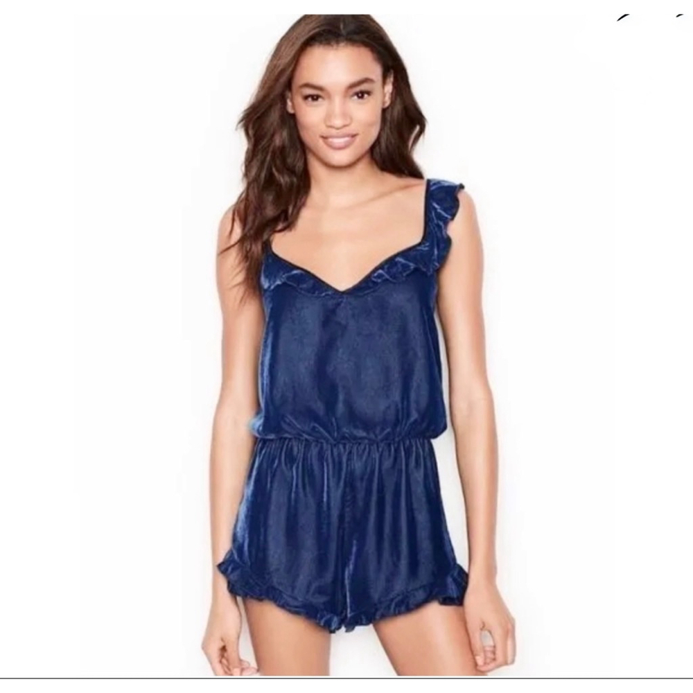 Victoria’s Secret Blue Velvet Sleep Romper with Ruffles & Crisscross back Size M